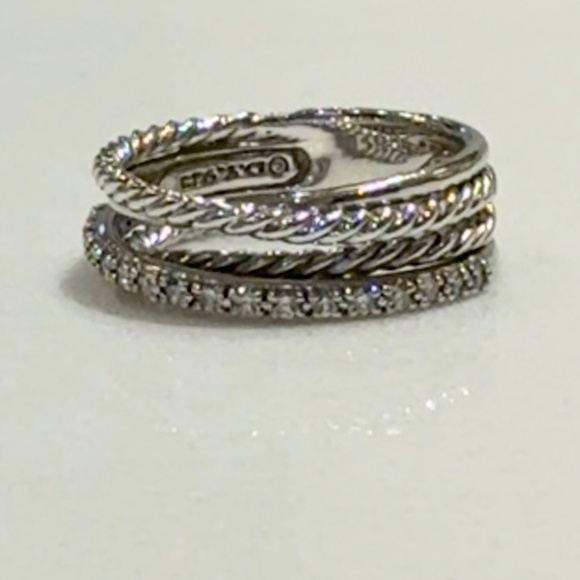 DAVID YURMAN Sterling Silver 14K White Gold Diamond Crossover Cable Ring - Picture 4 of 8